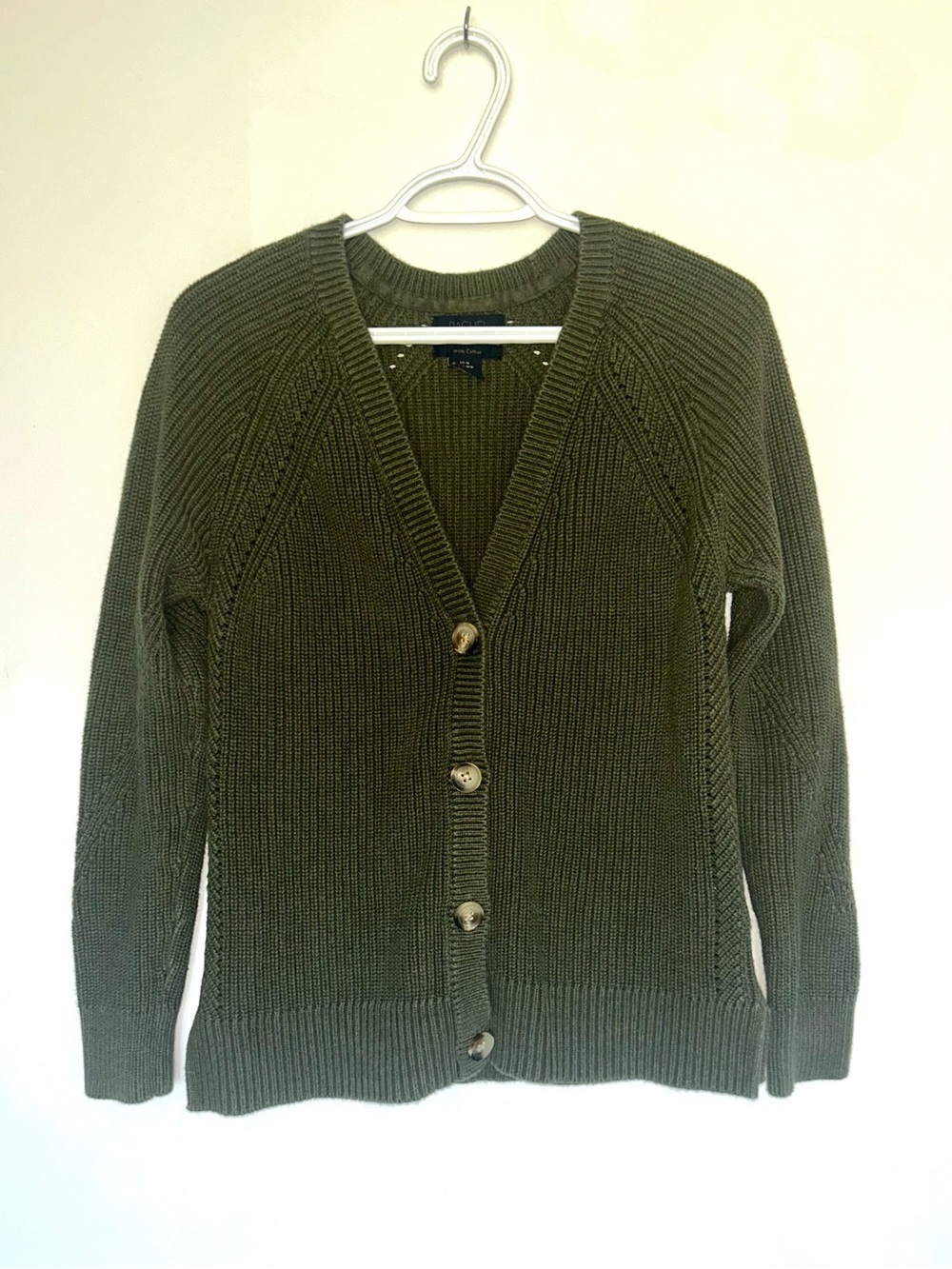 Rachel Roy Olive Green Shaker-Knit Cotton Button Up Cardigan Size Medium